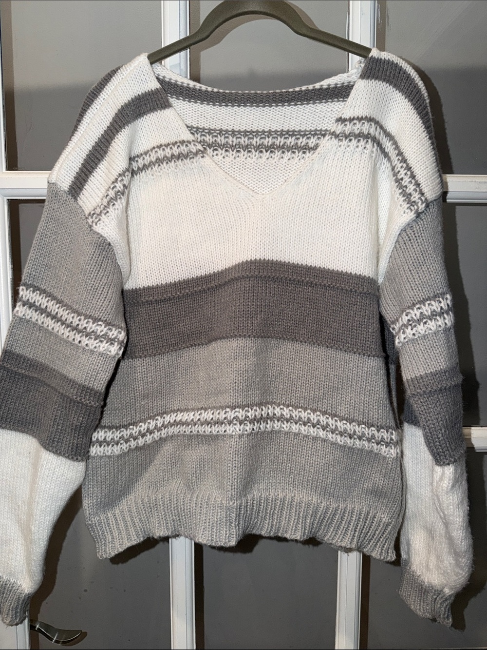 SHEIN Gray and White Striped V-Neck Knit Sweater